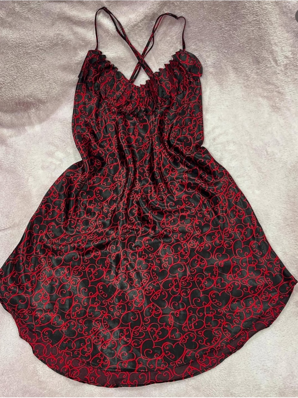 La Vie En Rose Black & Red Satin Chemise with Heart Swirl Print
